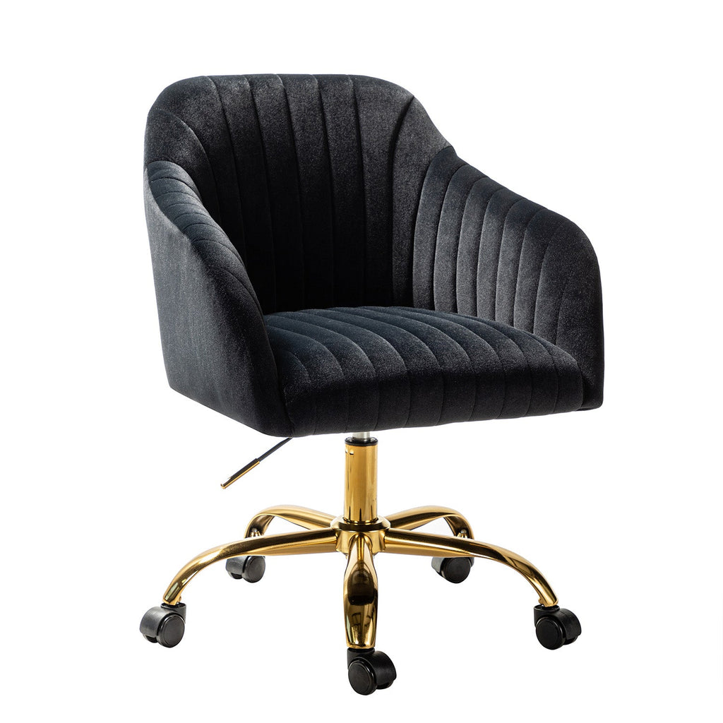 Chaise de bureau en velours matelassé avec dossier ouvert, hauteur réglable et base en métal doré à 5 branches | sarcelle / rose / havane / vert / noir / bleu / violet / gris / ivoire / marine / fuchsia | siège unique