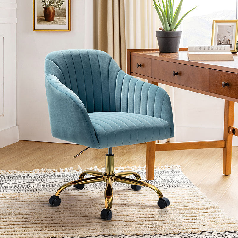 Chaise de bureau en velours matelassé avec dossier ouvert, hauteur réglable et base en métal doré à 5 branches | sarcelle / rose / havane / vert / noir / bleu / violet / gris / ivoire / marine / fuchsia | siège unique