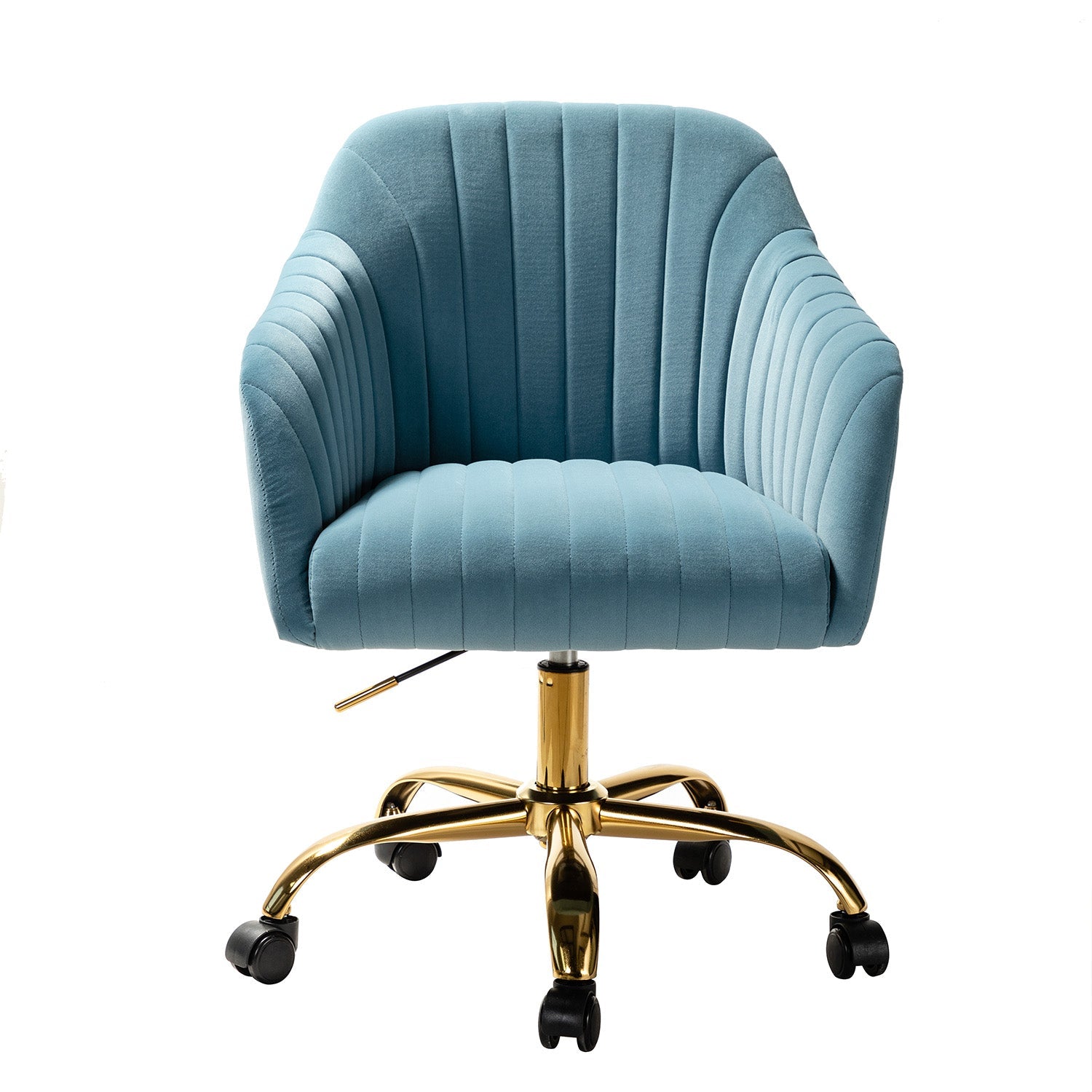 Chaise de bureau en velours matelassé avec dossier ouvert, hauteur réglable et base en métal doré à 5 branches | sarcelle / rose / havane / vert / noir / bleu / violet / gris / ivoire / marine / fuchsia | siège unique