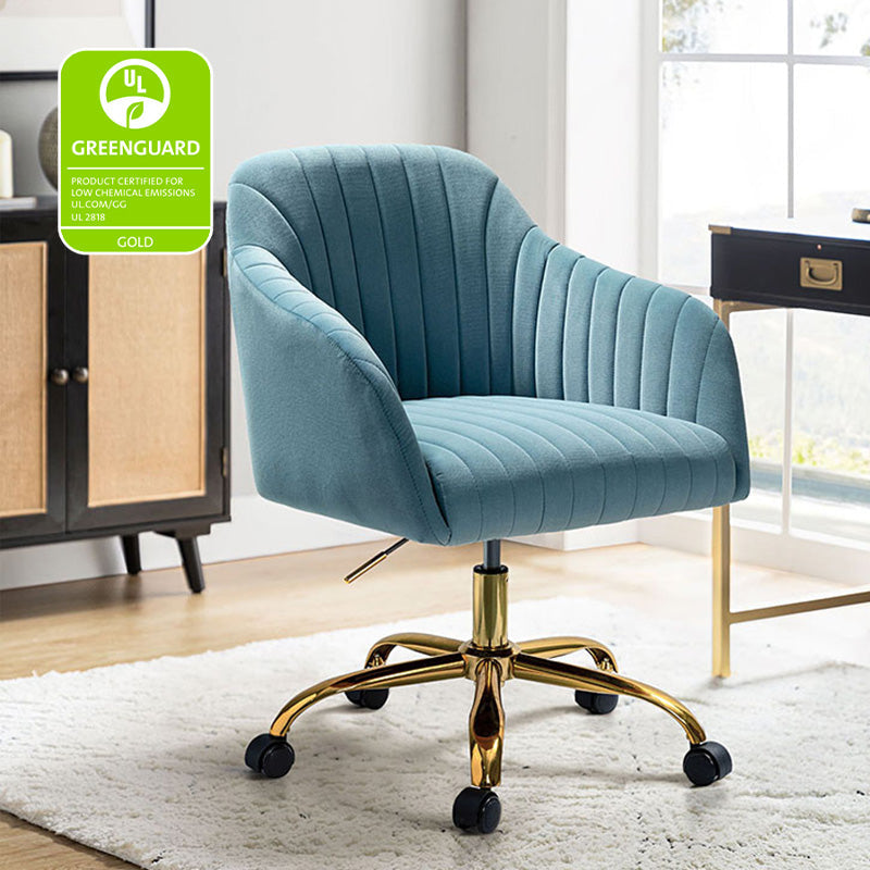 Chaise de bureau en velours matelassé avec dossier ouvert, hauteur réglable et base en métal doré à 5 branches | sarcelle / rose / havane / vert / noir / bleu / violet / gris / ivoire / marine / fuchsia | siège unique