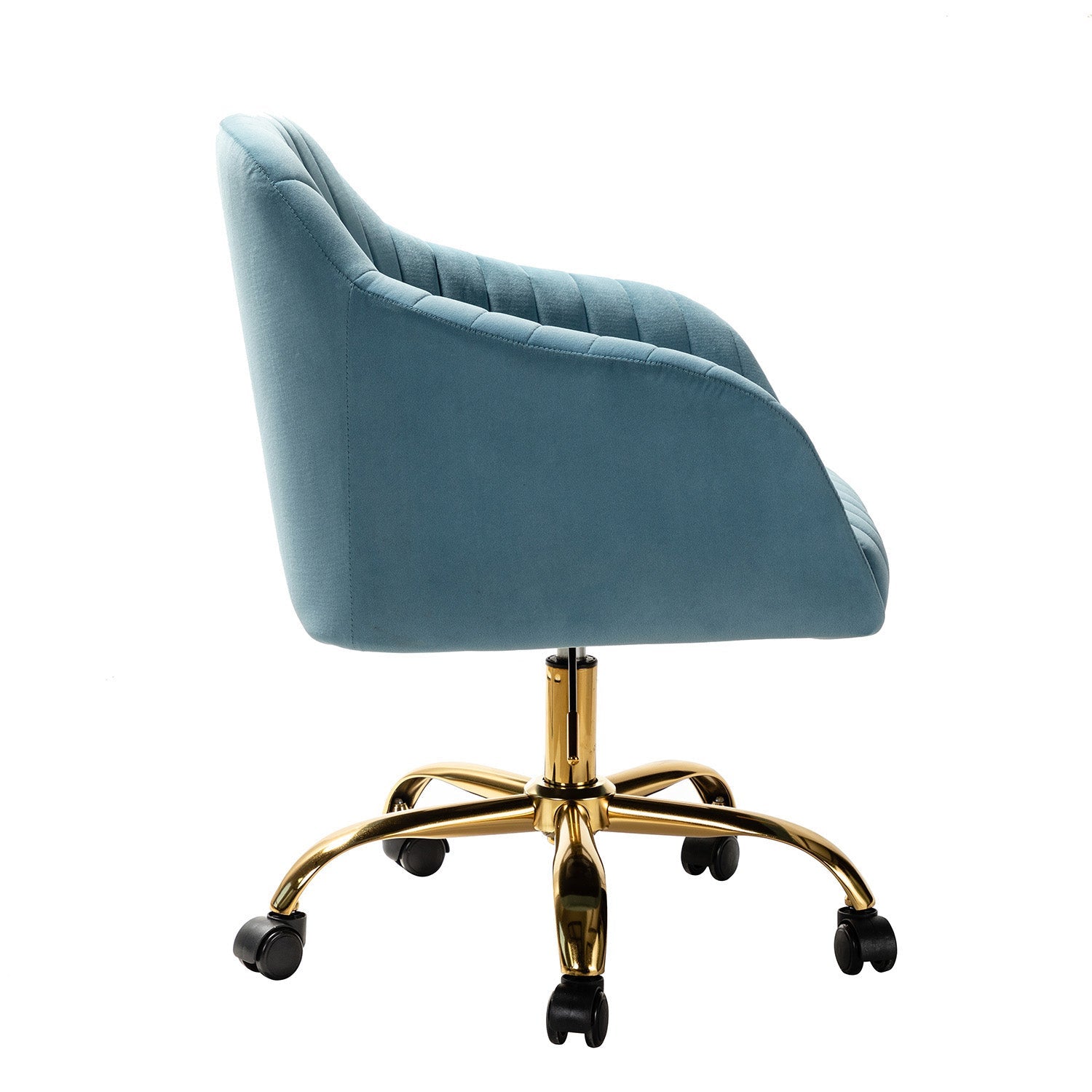 Chaise de bureau en velours matelassé avec dossier ouvert, hauteur réglable et base en métal doré à 5 branches | sarcelle / rose / havane / vert / noir / bleu / violet / gris / ivoire / marine / fuchsia | siège unique