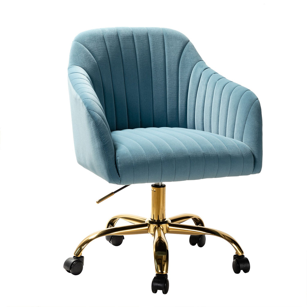 Chaise de bureau en velours matelassé avec dossier ouvert, hauteur réglable et base en métal doré à 5 branches | sarcelle / rose / havane / vert / noir / bleu / violet / gris / ivoire / marine / fuchsia | siège unique