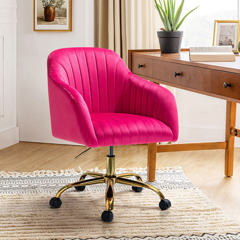 Chaise de bureau en velours matelassé avec dossier ouvert, hauteur réglable et base en métal doré à 5 branches | sarcelle / rose / havane / vert / noir / bleu / violet / gris / ivoire / marine / fuchsia | siège unique