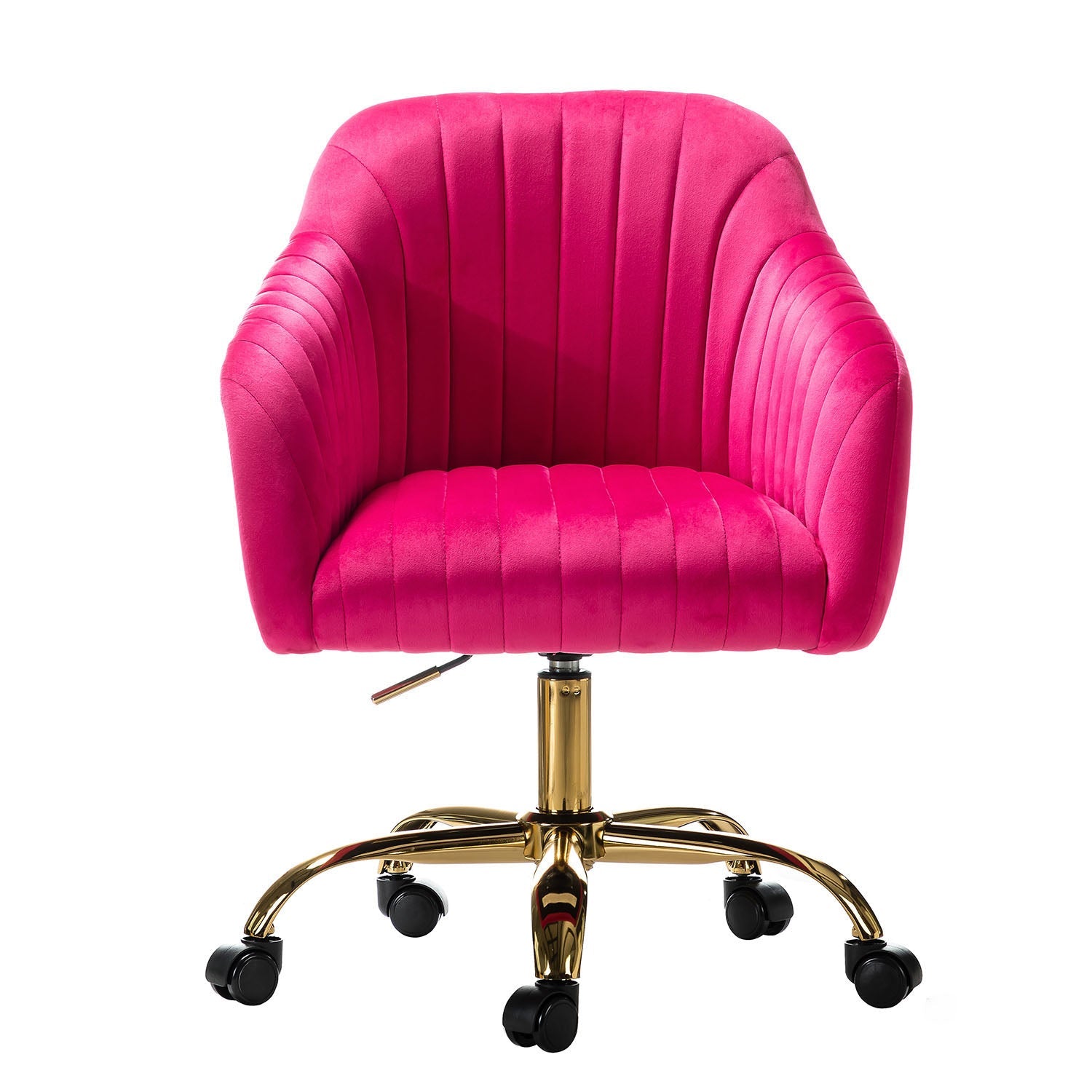 Chaise de bureau en velours matelassé avec dossier ouvert, hauteur réglable et base en métal doré à 5 branches | sarcelle / rose / havane / vert / noir / bleu / violet / gris / ivoire / marine / fuchsia | siège unique
