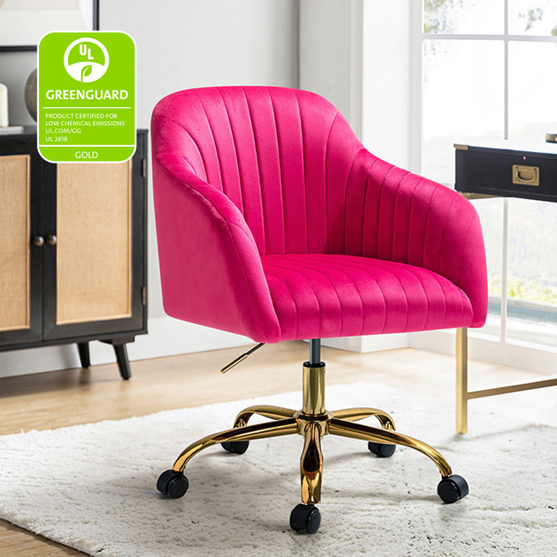 Chaise de bureau en velours matelassé avec dossier ouvert, hauteur réglable et base en métal doré à 5 branches | sarcelle / rose / havane / vert / noir / bleu / violet / gris / ivoire / marine / fuchsia | siège unique