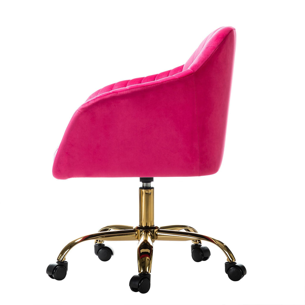 Chaise de bureau en velours matelassé avec dossier ouvert, hauteur réglable et base en métal doré à 5 branches | sarcelle / rose / havane / vert / noir / bleu / violet / gris / ivoire / marine / fuchsia | siège unique