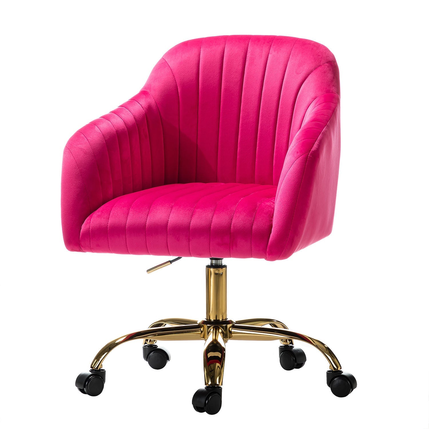 Chaise de bureau en velours matelassé avec dossier ouvert, hauteur réglable et base en métal doré à 5 branches | sarcelle / rose / havane / vert / noir / bleu / violet / gris / ivoire / marine / fuchsia | siège unique