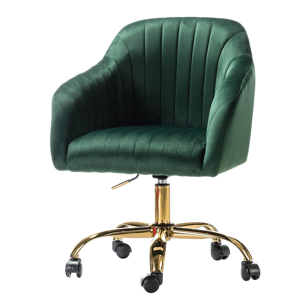 Chaise de bureau en velours matelassé avec dossier ouvert, hauteur réglable et base en métal doré à 5 branches | sarcelle / rose / havane / vert / noir / bleu / violet / gris / ivoire / marine / fuchsia | siège unique