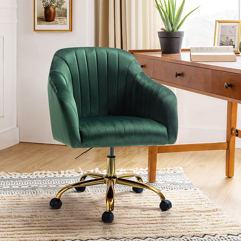 Chaise de bureau en velours matelassé avec dossier ouvert, hauteur réglable et base en métal doré à 5 branches | sarcelle / rose / havane / vert / noir / bleu / violet / gris / ivoire / marine / fuchsia | siège unique