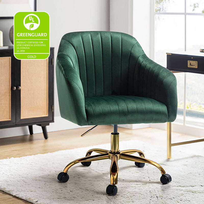 Chaise de bureau en velours matelassé avec dossier ouvert, hauteur réglable et base en métal doré à 5 branches | sarcelle / rose / havane / vert / noir / bleu / violet / gris / ivoire / marine / fuchsia | siège unique