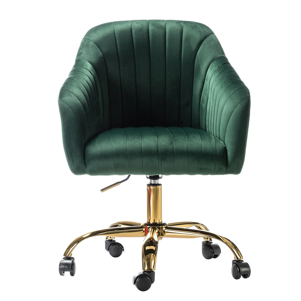 Chaise de bureau en velours matelassé avec dossier ouvert, hauteur réglable et base en métal doré à 5 branches | sarcelle / rose / havane / vert / noir / bleu / violet / gris / ivoire / marine / fuchsia | siège unique