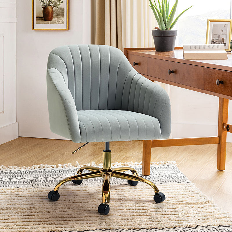 Chaise de bureau en velours matelassé avec dossier ouvert, hauteur réglable et base en métal doré à 5 branches | sarcelle / rose / havane / vert / noir / bleu / violet / gris / ivoire / marine / fuchsia | siège unique