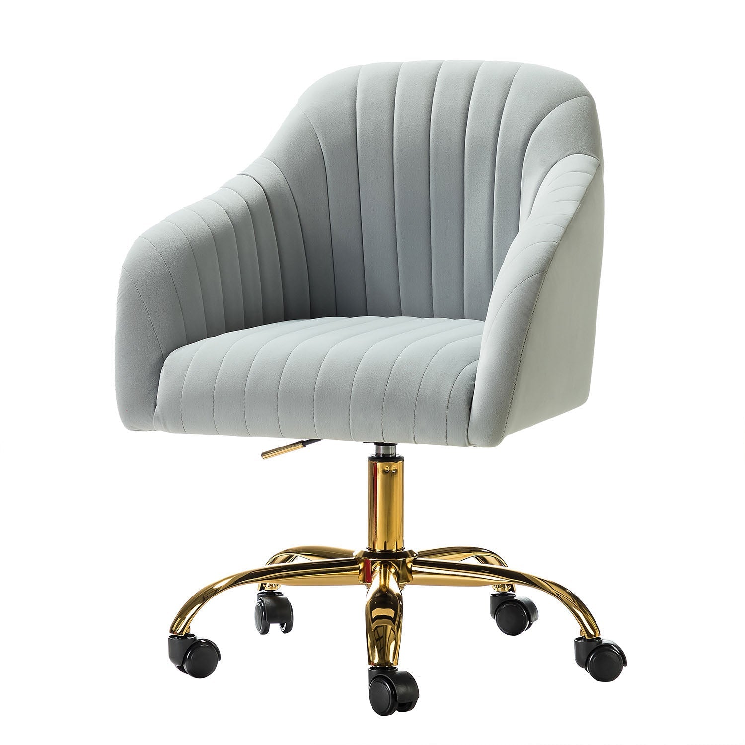 Chaise de bureau en velours matelassé avec dossier ouvert, hauteur réglable et base en métal doré à 5 branches | sarcelle / rose / havane / vert / noir / bleu / violet / gris / ivoire / marine / fuchsia | siège unique