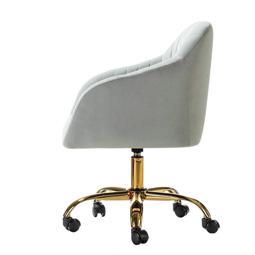 Chaise de bureau en velours matelassé avec dossier ouvert, hauteur réglable et base en métal doré à 5 branches | sarcelle / rose / havane / vert / noir / bleu / violet / gris / ivoire / marine / fuchsia | siège unique