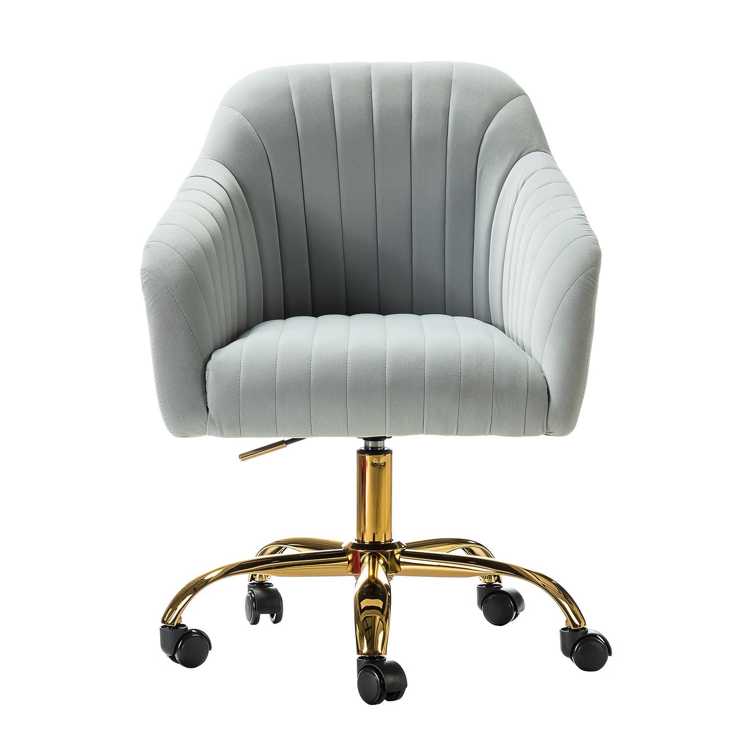 Chaise de bureau en velours matelassé avec dossier ouvert, hauteur réglable et base en métal doré à 5 branches | sarcelle / rose / havane / vert / noir / bleu / violet / gris / ivoire / marine / fuchsia | siège unique