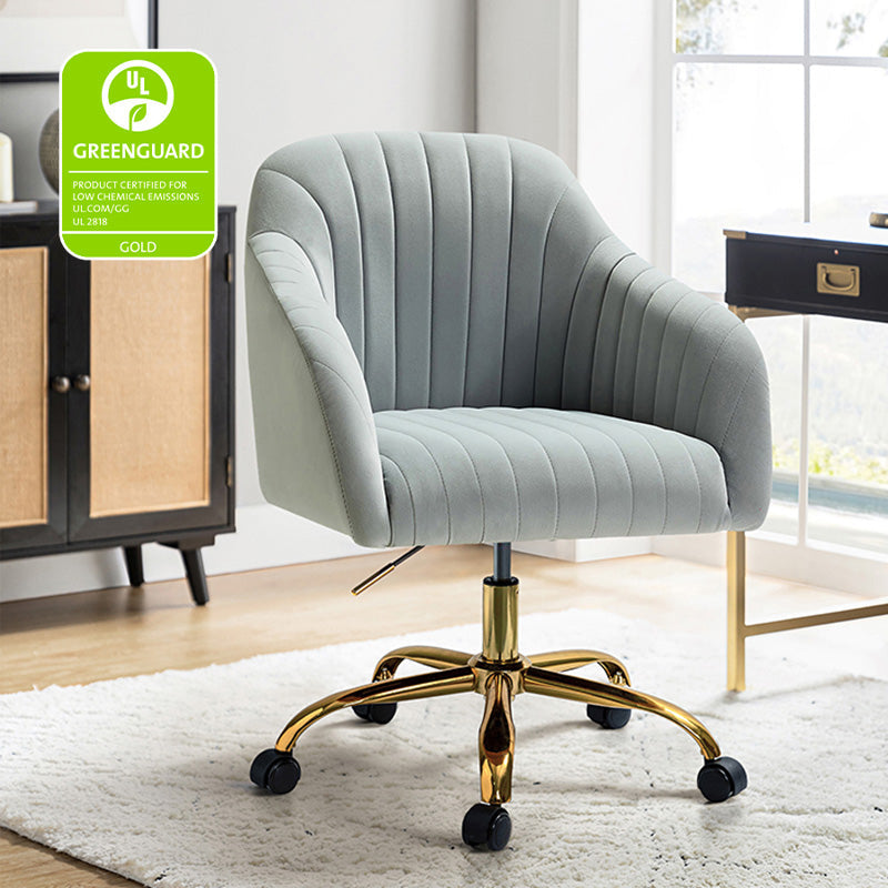 Chaise de bureau en velours matelassé avec dossier ouvert, hauteur réglable et base en métal doré à 5 branches | sarcelle / rose / havane / vert / noir / bleu / violet / gris / ivoire / marine / fuchsia | siège unique