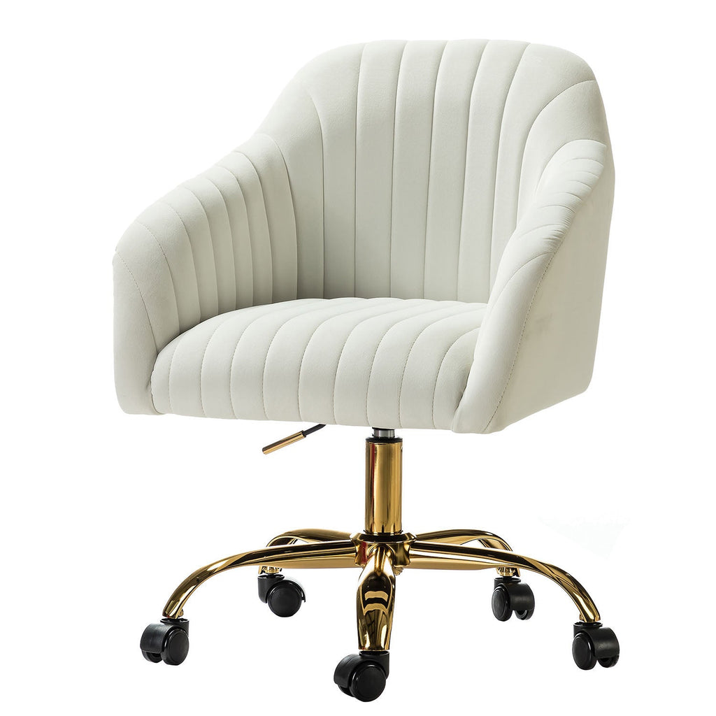 Chaise de bureau en velours matelassé avec dossier ouvert, hauteur réglable et base en métal doré à 5 branches | sarcelle / rose / havane / vert / noir / bleu / violet / gris / ivoire / marine / fuchsia | siège unique