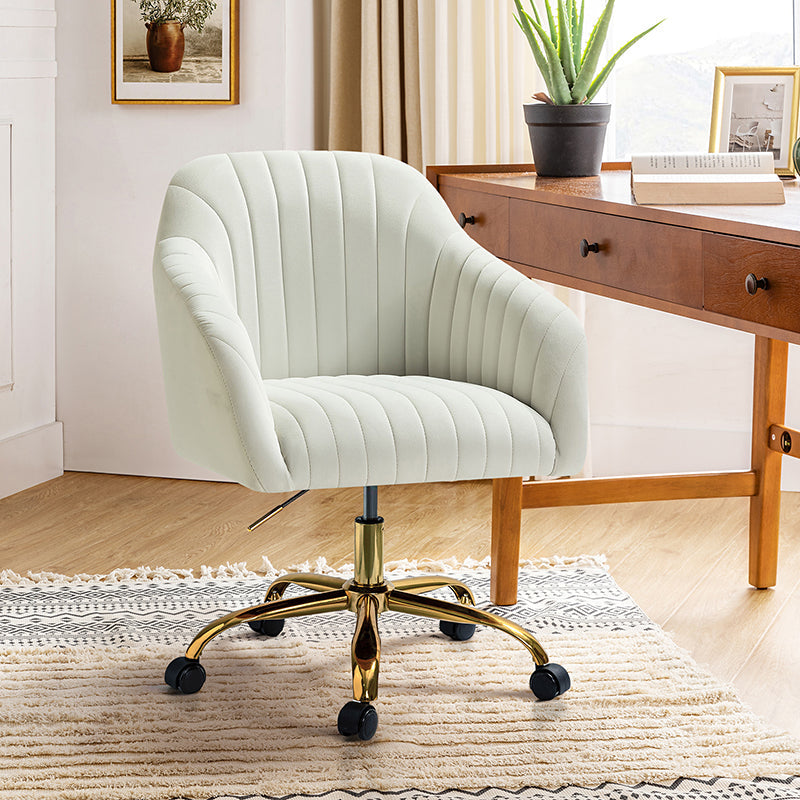 Chaise de bureau en velours matelassé avec dossier ouvert, hauteur réglable et base en métal doré à 5 branches | sarcelle / rose / havane / vert / noir / bleu / violet / gris / ivoire / marine / fuchsia | siège unique
