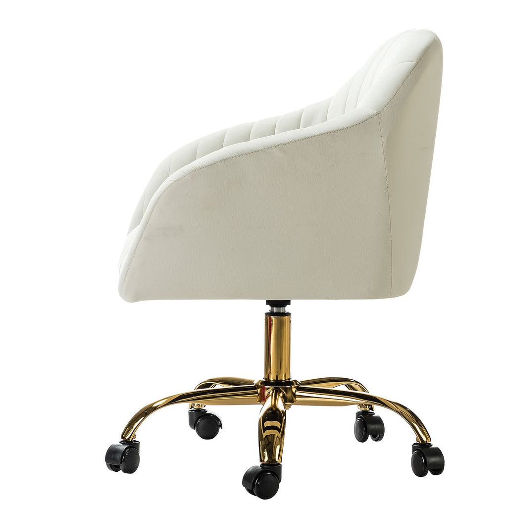 Chaise de bureau en velours matelassé avec dossier ouvert, hauteur réglable et base en métal doré à 5 branches | sarcelle / rose / havane / vert / noir / bleu / violet / gris / ivoire / marine / fuchsia | siège unique