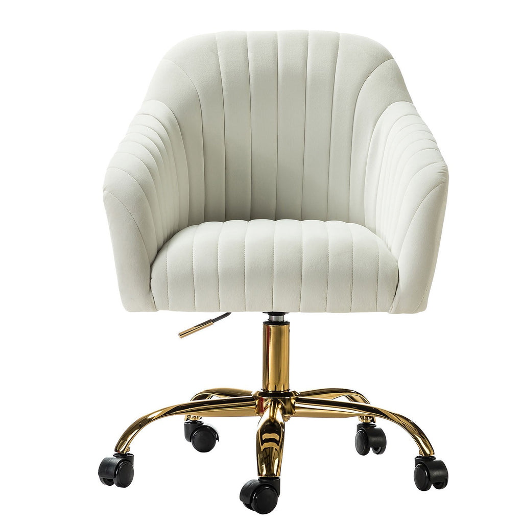 Chaise de bureau en velours matelassé avec dossier ouvert, hauteur réglable et base en métal doré à 5 branches | sarcelle / rose / havane / vert / noir / bleu / violet / gris / ivoire / marine / fuchsia | siège unique