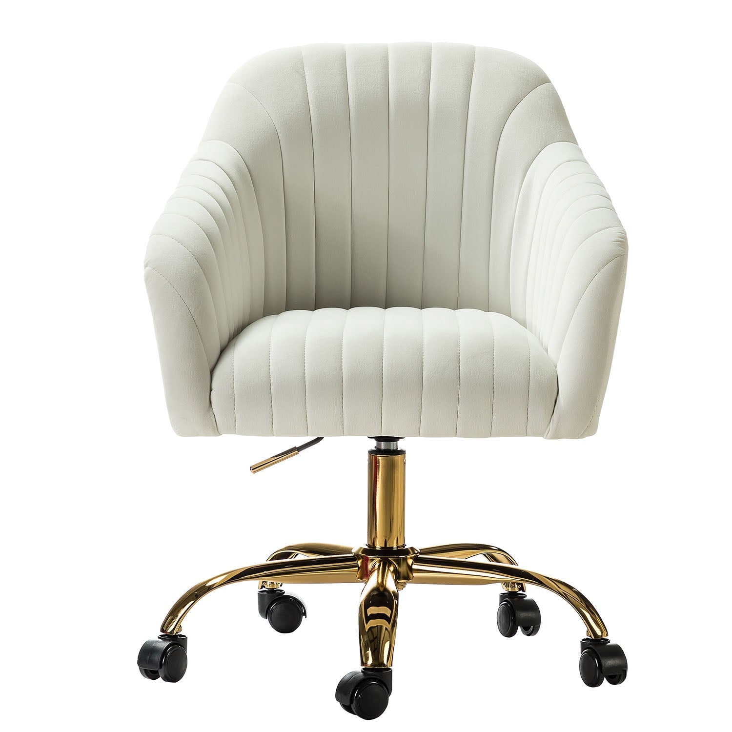 Chaise de bureau en velours matelassé avec dossier ouvert, hauteur réglable et base en métal doré à 5 branches | sarcelle / rose / havane / vert / noir / bleu / violet / gris / ivoire / marine / fuchsia | siège unique