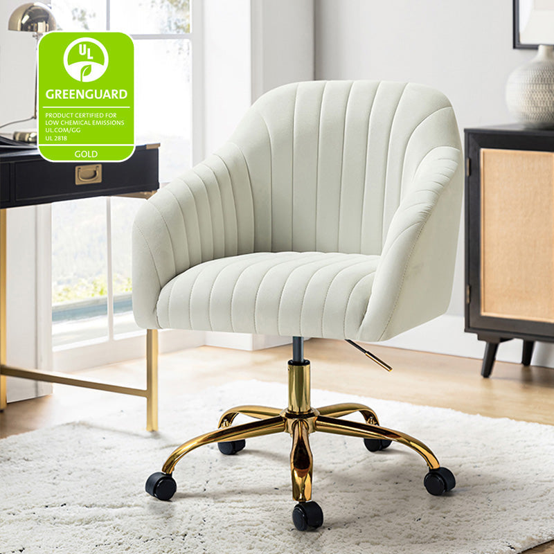 Chaise de bureau en velours matelassé avec dossier ouvert, hauteur réglable et base en métal doré à 5 branches | sarcelle / rose / havane / vert / noir / bleu / violet / gris / ivoire / marine / fuchsia | siège unique