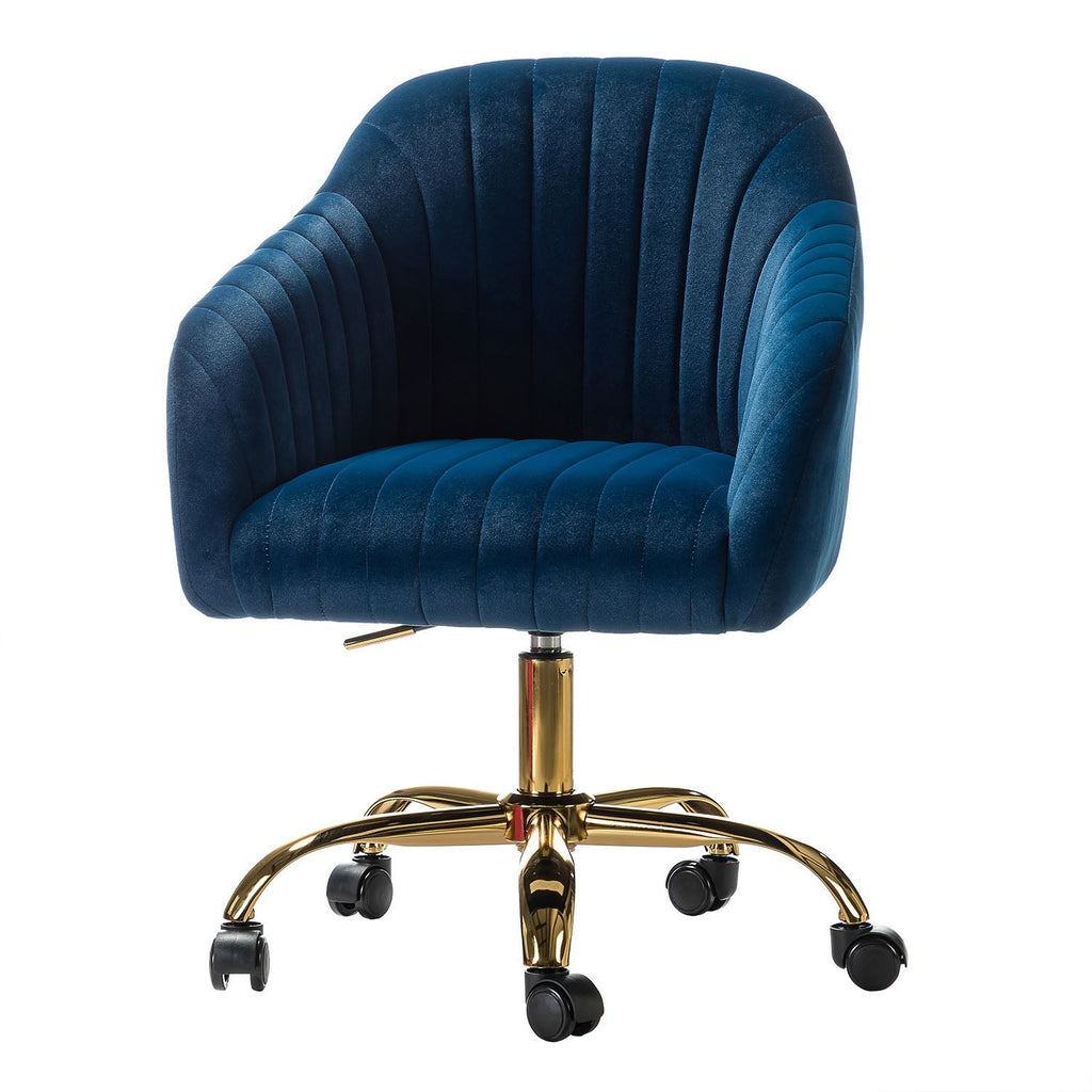 Chaise de bureau en velours matelassé avec dossier ouvert, hauteur réglable et base en métal doré à 5 branches | sarcelle / rose / havane / vert / noir / bleu / violet / gris / ivoire / marine / fuchsia | siège unique