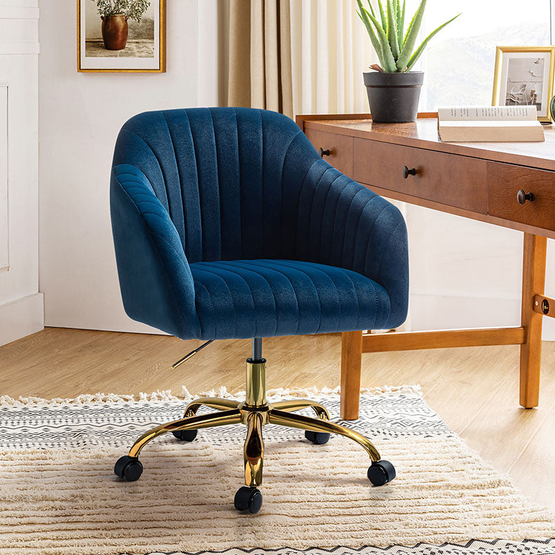 Chaise de bureau en velours matelassé avec dossier ouvert, hauteur réglable et base en métal doré à 5 branches | sarcelle / rose / havane / vert / noir / bleu / violet / gris / ivoire / marine / fuchsia | siège unique