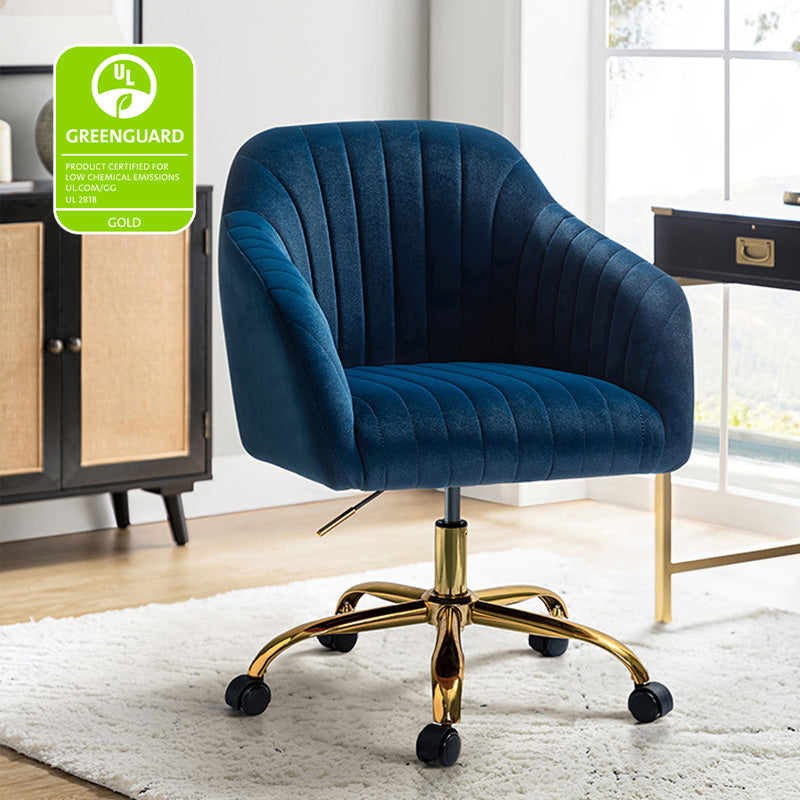 Chaise de bureau en velours matelassé avec dossier ouvert, hauteur réglable et base en métal doré à 5 branches | sarcelle / rose / havane / vert / noir / bleu / violet / gris / ivoire / marine / fuchsia | siège unique