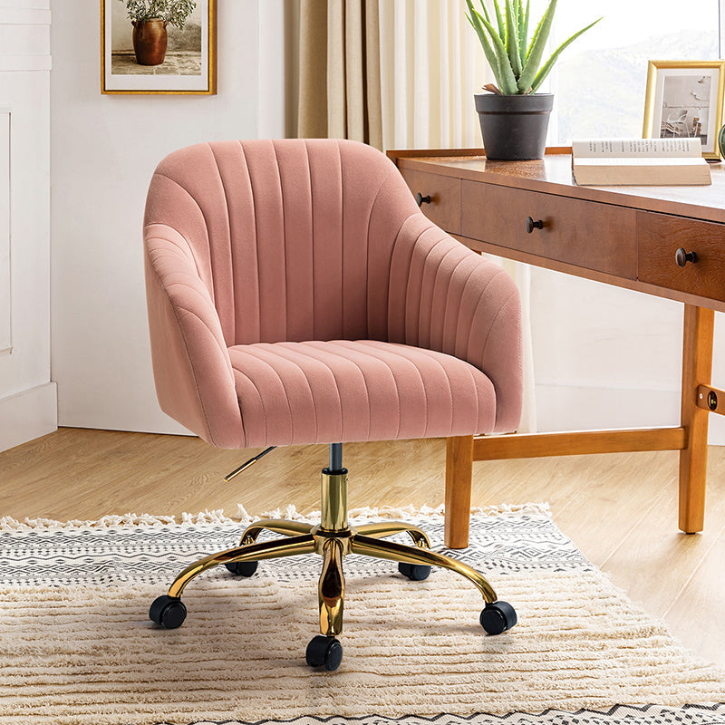 Chaise de bureau en velours matelassé avec dossier ouvert, hauteur réglable et base en métal doré à 5 branches | sarcelle / rose / havane / vert / noir / bleu / violet / gris / ivoire / marine / fuchsia | siège unique
