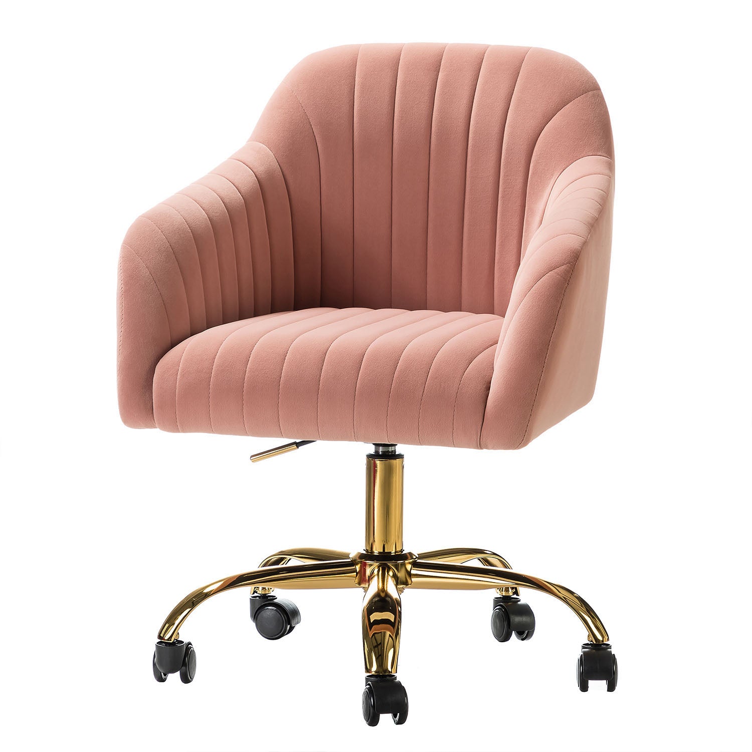 Chaise de bureau en velours matelassé avec dossier ouvert, hauteur réglable et base en métal doré à 5 branches | sarcelle / rose / havane / vert / noir / bleu / violet / gris / ivoire / marine / fuchsia | siège unique