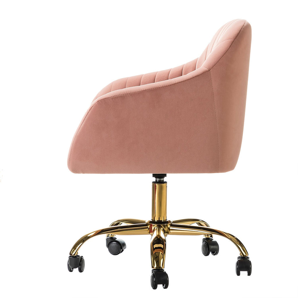 Chaise de bureau en velours matelassé avec dossier ouvert, hauteur réglable et base en métal doré à 5 branches | sarcelle / rose / havane / vert / noir / bleu / violet / gris / ivoire / marine / fuchsia | siège unique