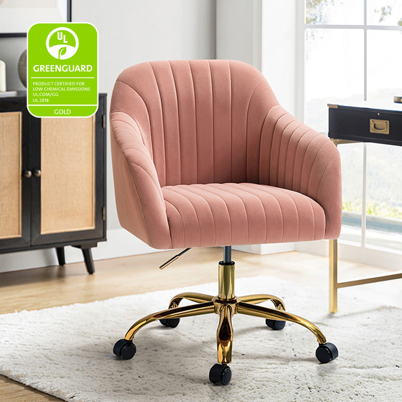 Chaise de bureau en velours matelassé avec dossier ouvert, hauteur réglable et base en métal doré à 5 branches | sarcelle / rose / havane / vert / noir / bleu / violet / gris / ivoire / marine / fuchsia | siège unique