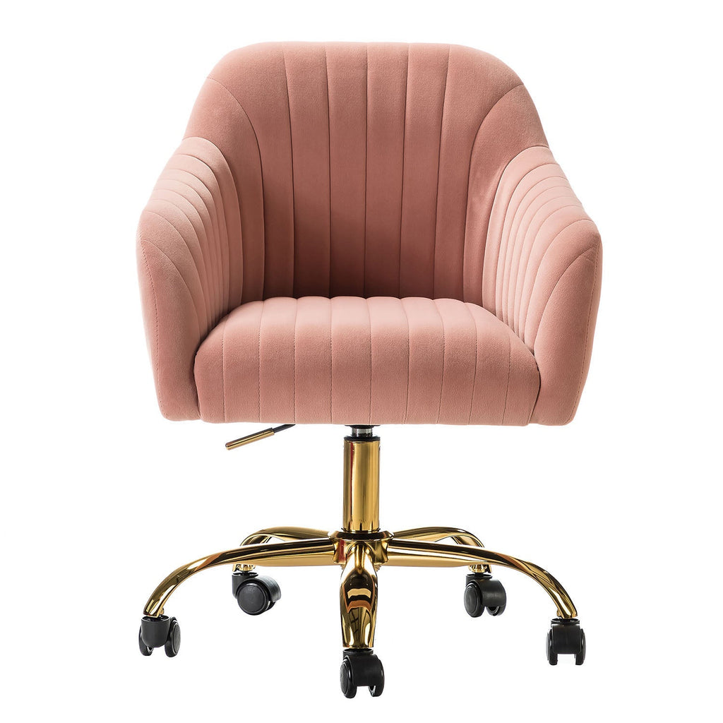 Chaise de bureau en velours matelassé avec dossier ouvert, hauteur réglable et base en métal doré à 5 branches | sarcelle / rose / havane / vert / noir / bleu / violet / gris / ivoire / marine / fuchsia | siège unique