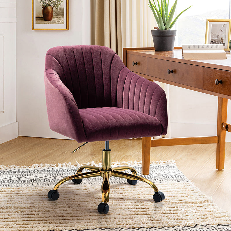 Chaise de bureau en velours matelassé avec dossier ouvert, hauteur réglable et base en métal doré à 5 branches | sarcelle / rose / havane / vert / noir / bleu / violet / gris / ivoire / marine / fuchsia | siège unique