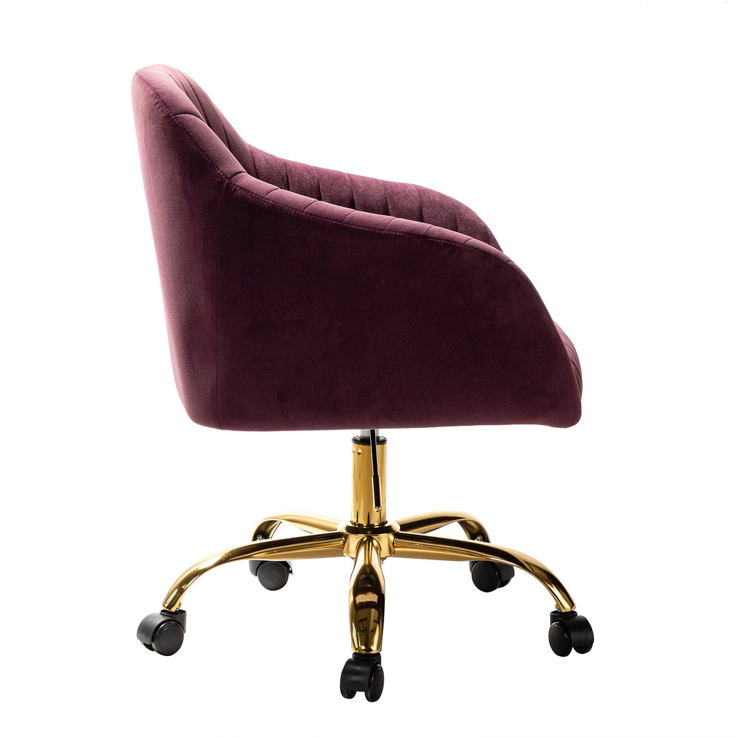 Chaise de bureau en velours matelassé avec dossier ouvert, hauteur réglable et base en métal doré à 5 branches | sarcelle / rose / havane / vert / noir / bleu / violet / gris / ivoire / marine / fuchsia | siège unique