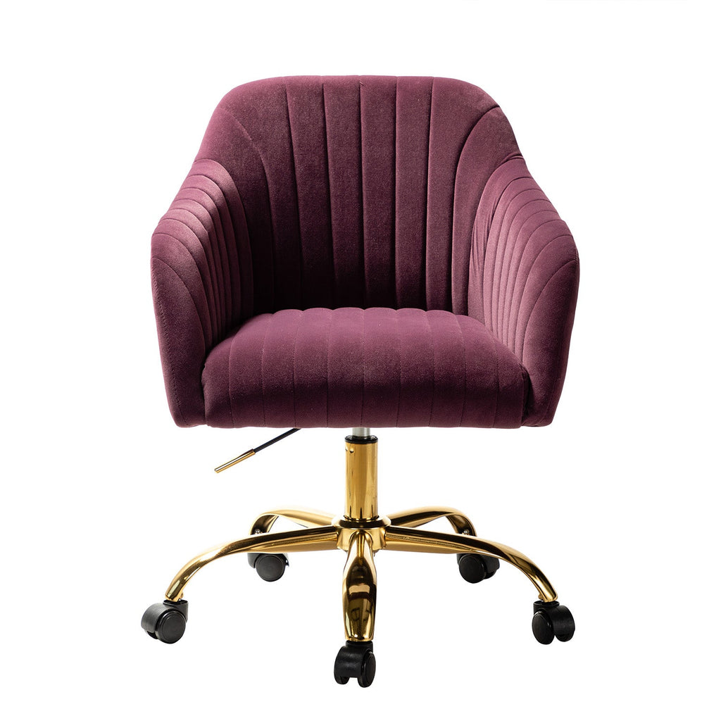 Chaise de bureau en velours matelassé avec dossier ouvert, hauteur réglable et base en métal doré à 5 branches | sarcelle / rose / havane / vert / noir / bleu / violet / gris / ivoire / marine / fuchsia | siège unique