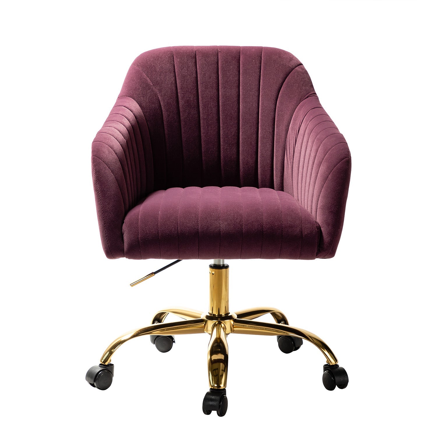 Chaise de bureau en velours matelassé avec dossier ouvert, hauteur réglable et base en métal doré à 5 branches | sarcelle / rose / havane / vert / noir / bleu / violet / gris / ivoire / marine / fuchsia | siège unique