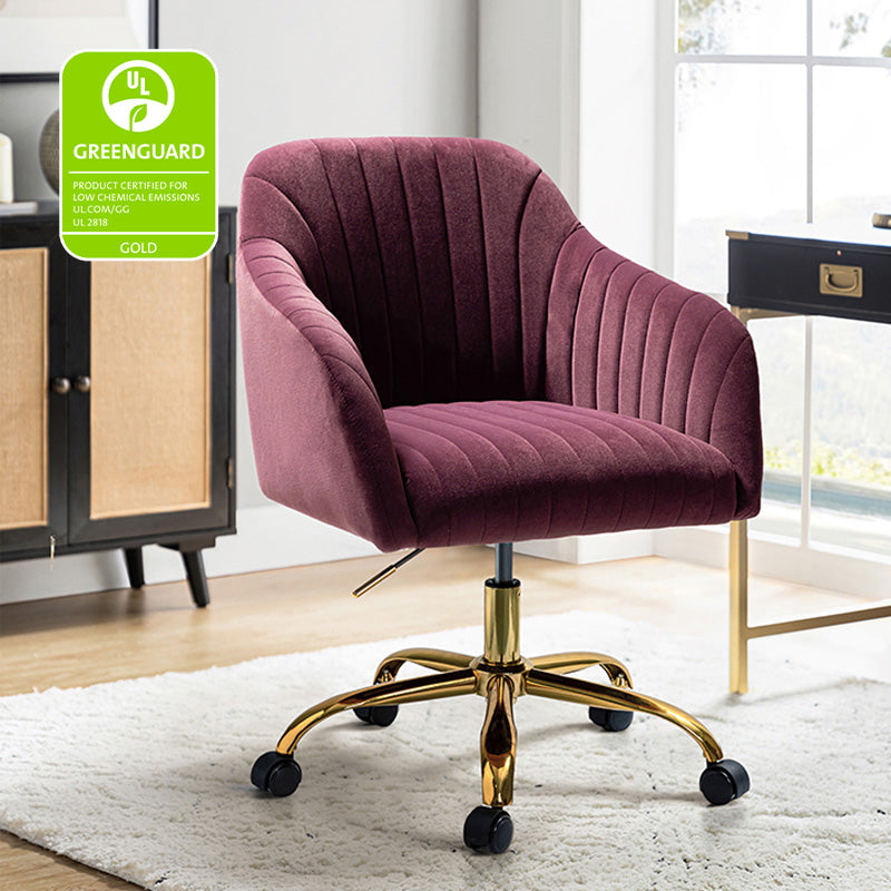 Chaise de bureau en velours matelassé avec dossier ouvert, hauteur réglable et base en métal doré à 5 branches | sarcelle / rose / havane / vert / noir / bleu / violet / gris / ivoire / marine / fuchsia | siège unique