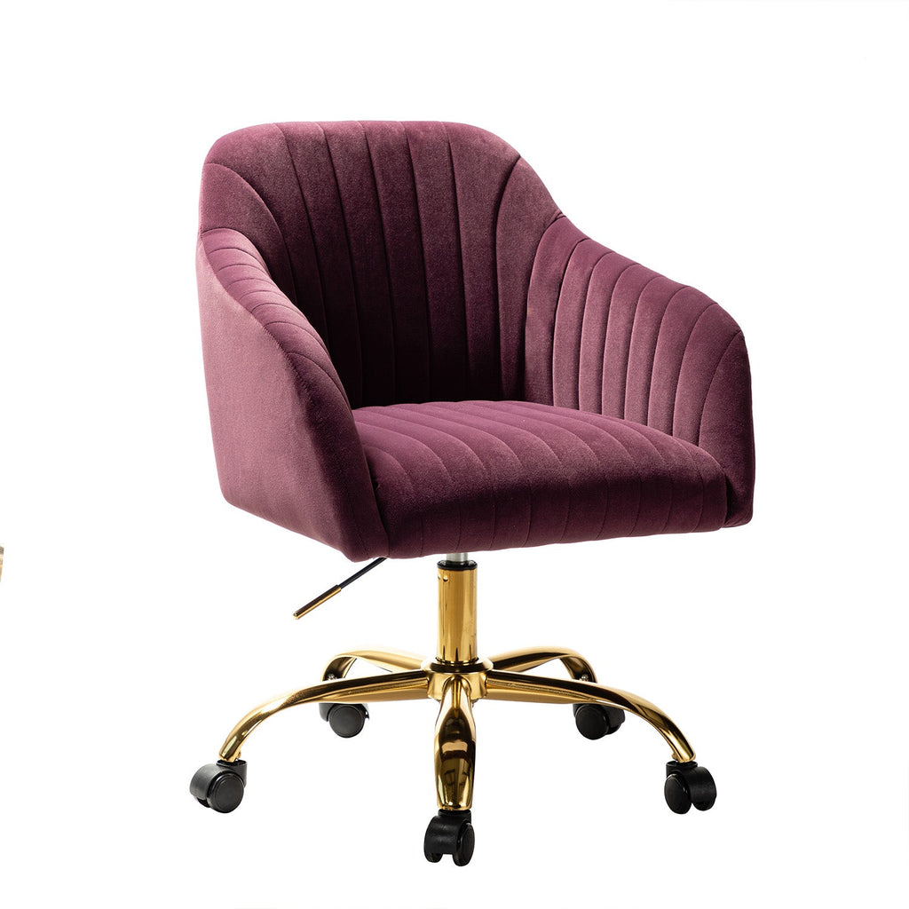 Chaise de bureau en velours matelassé avec dossier ouvert, hauteur réglable et base en métal doré à 5 branches | sarcelle / rose / havane / vert / noir / bleu / violet / gris / ivoire / marine / fuchsia | siège unique