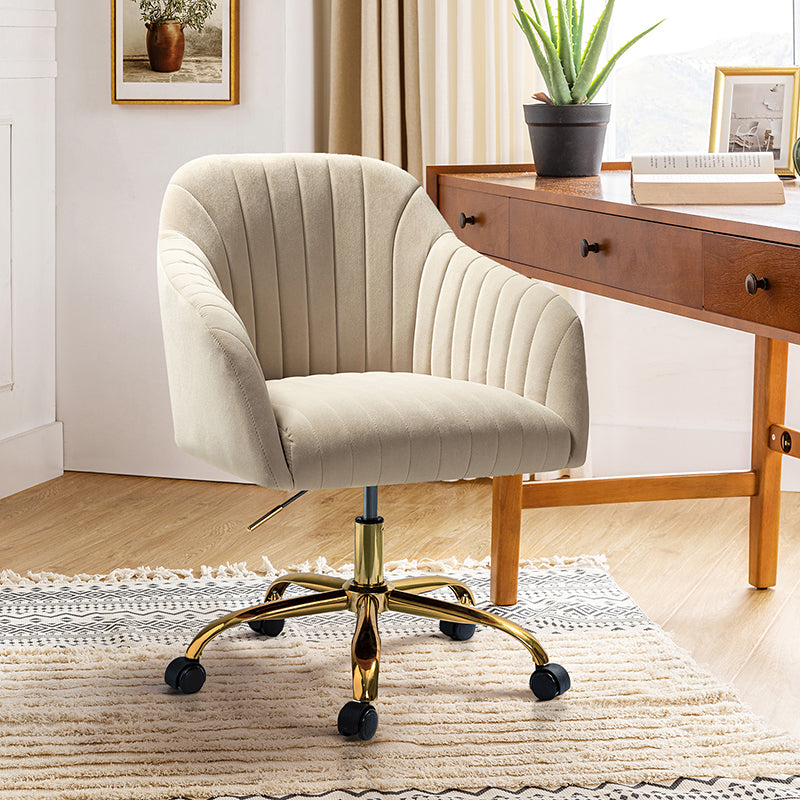 Chaise de bureau en velours matelassé avec dossier ouvert, hauteur réglable et base en métal doré à 5 branches | sarcelle / rose / havane / vert / noir / bleu / violet / gris / ivoire / marine / fuchsia | siège unique