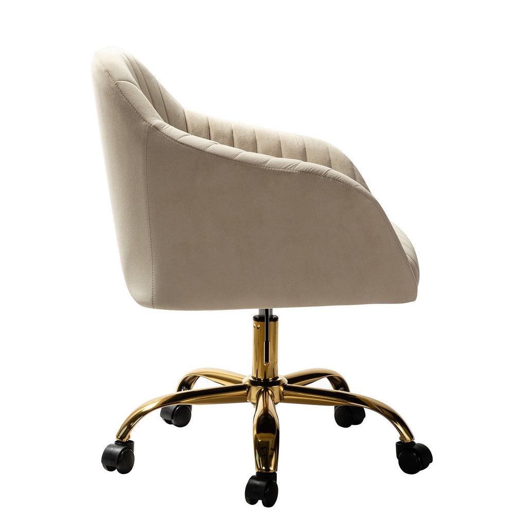 Chaise de bureau en velours matelassé avec dossier ouvert, hauteur réglable et base en métal doré à 5 branches | sarcelle / rose / havane / vert / noir / bleu / violet / gris / ivoire / marine / fuchsia | siège unique