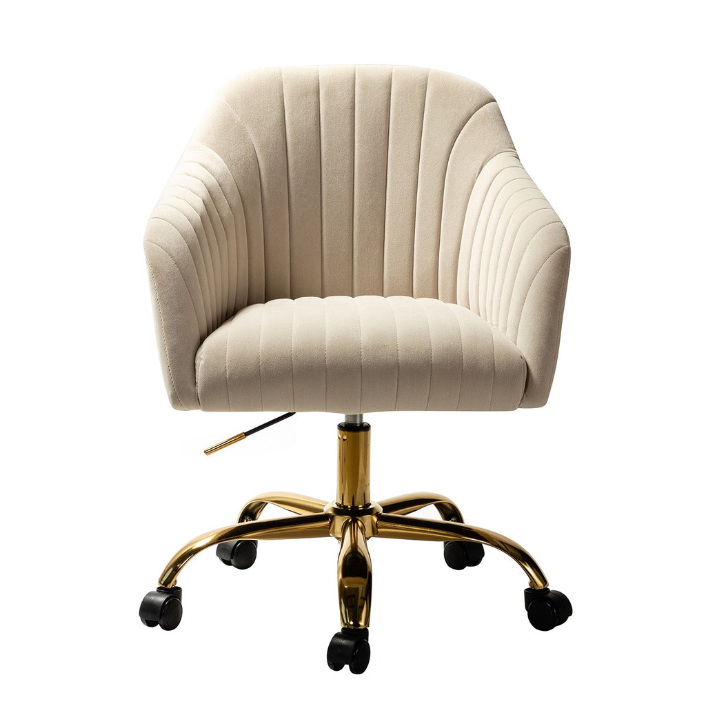 Chaise de bureau en velours matelassé avec dossier ouvert, hauteur réglable et base en métal doré à 5 branches | sarcelle / rose / havane / vert / noir / bleu / violet / gris / ivoire / marine / fuchsia | siège unique
