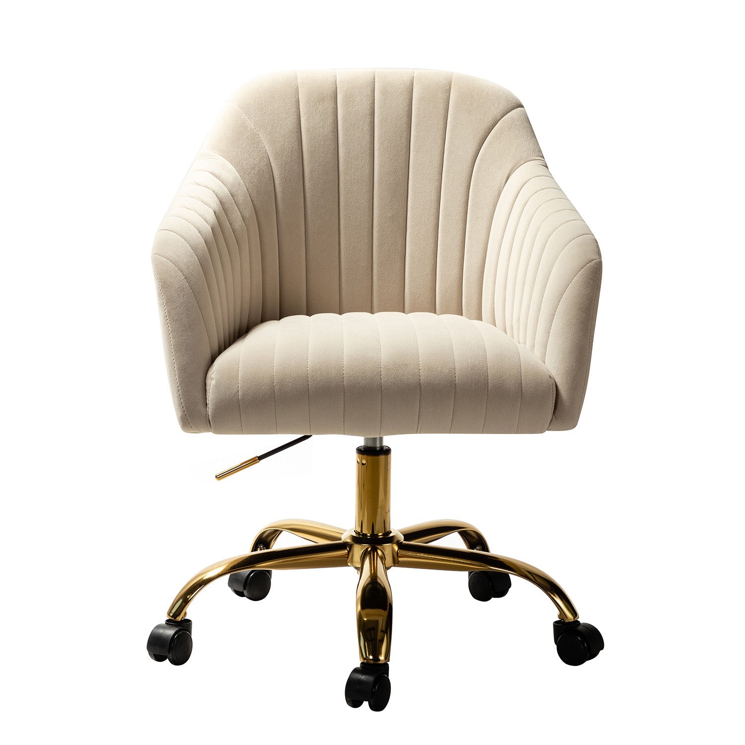 Chaise de bureau en velours matelassé avec dossier ouvert, hauteur réglable et base en métal doré à 5 branches | sarcelle / rose / havane / vert / noir / bleu / violet / gris / ivoire / marine / fuchsia | siège unique