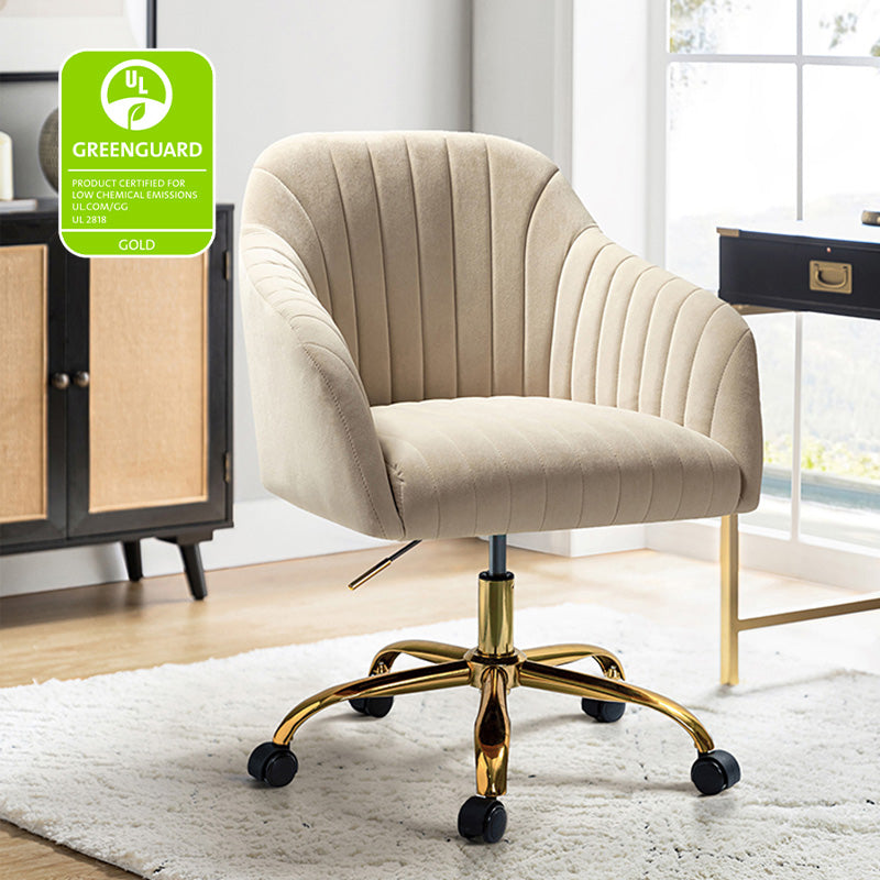 Chaise de bureau en velours matelassé avec dossier ouvert, hauteur réglable et base en métal doré à 5 branches | sarcelle / rose / havane / vert / noir / bleu / violet / gris / ivoire / marine / fuchsia | siège unique