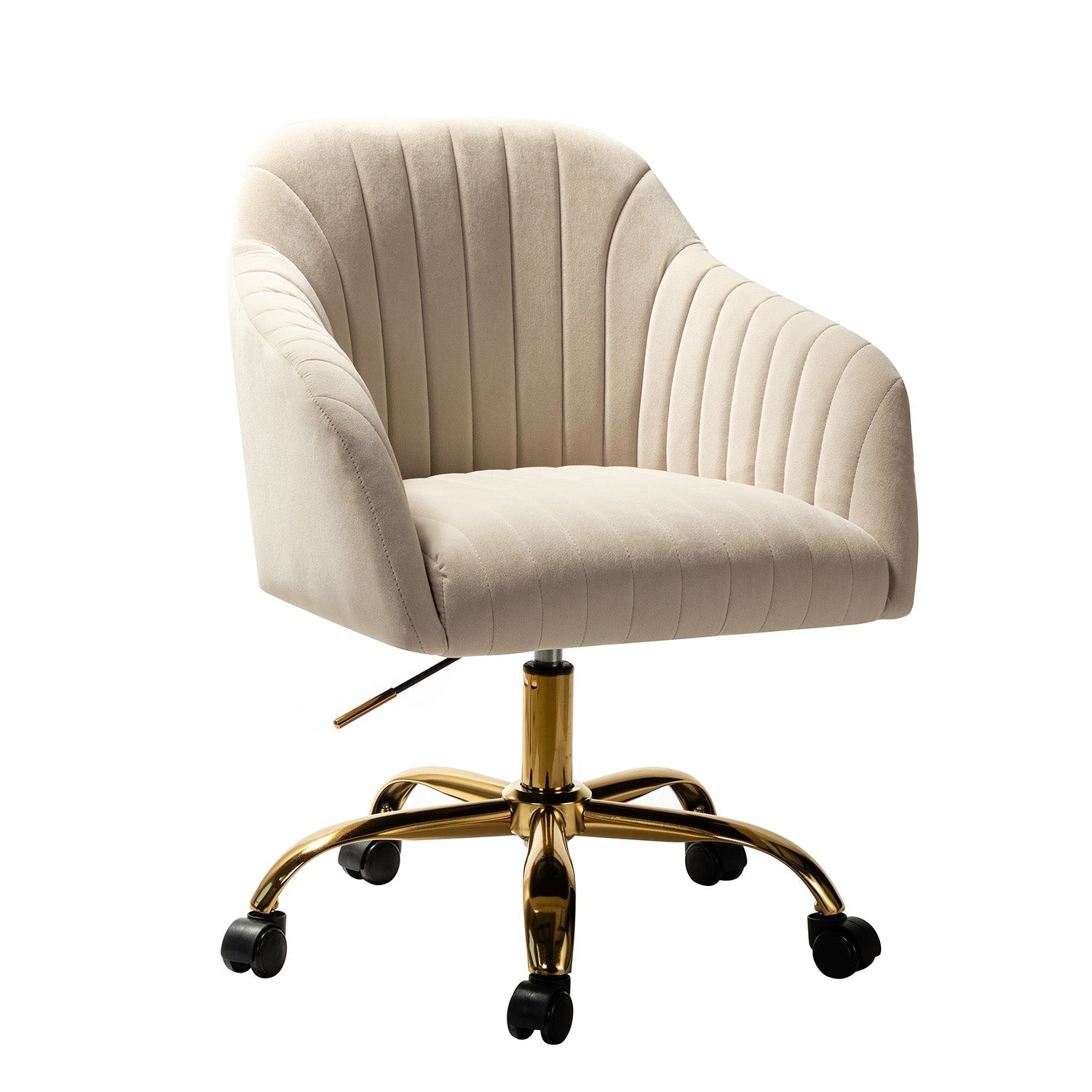 Chaise de bureau en velours matelassé avec dossier ouvert, hauteur réglable et base en métal doré à 5 branches | sarcelle / rose / havane / vert / noir / bleu / violet / gris / ivoire / marine / fuchsia | siège unique