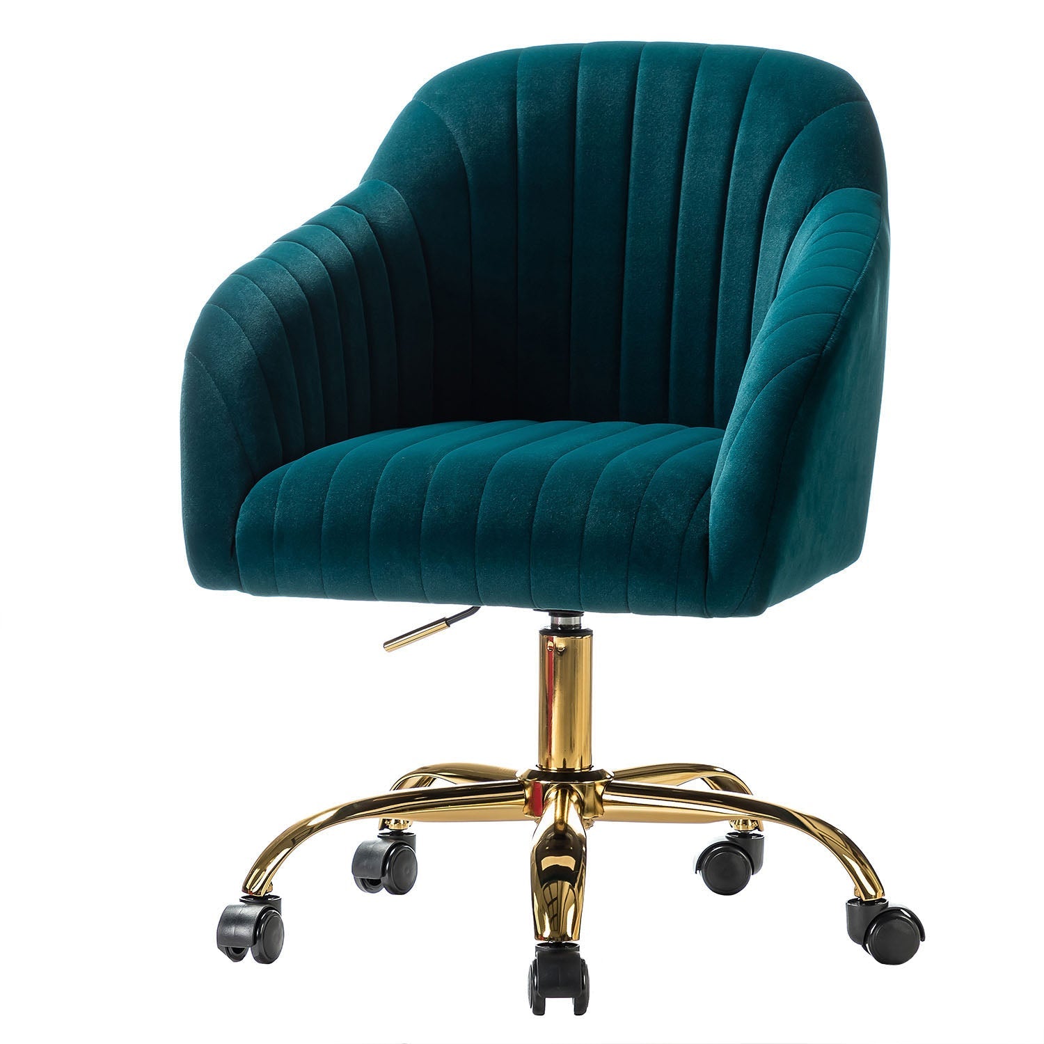 Chaise de bureau en velours matelassé avec dossier ouvert, hauteur réglable et base en métal doré à 5 branches | sarcelle / rose / havane / vert / noir / bleu / violet / gris / ivoire / marine / fuchsia | siège unique