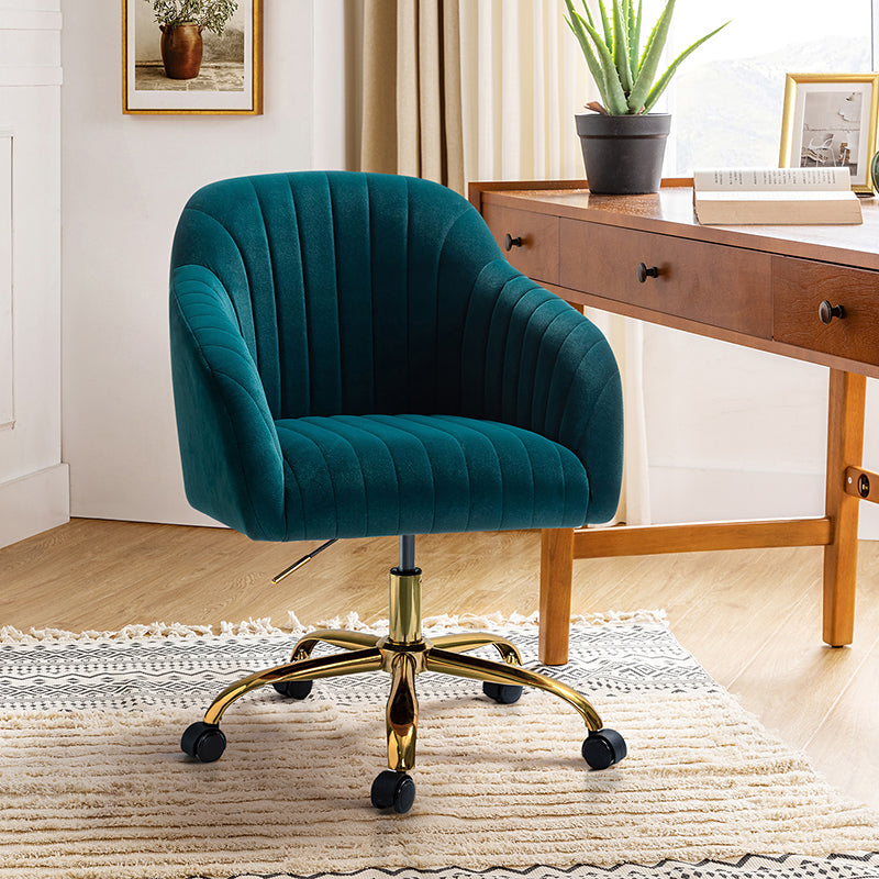 Chaise de bureau en velours matelassé avec dossier ouvert, hauteur réglable et base en métal doré à 5 branches | sarcelle / rose / havane / vert / noir / bleu / violet / gris / ivoire / marine / fuchsia | siège unique