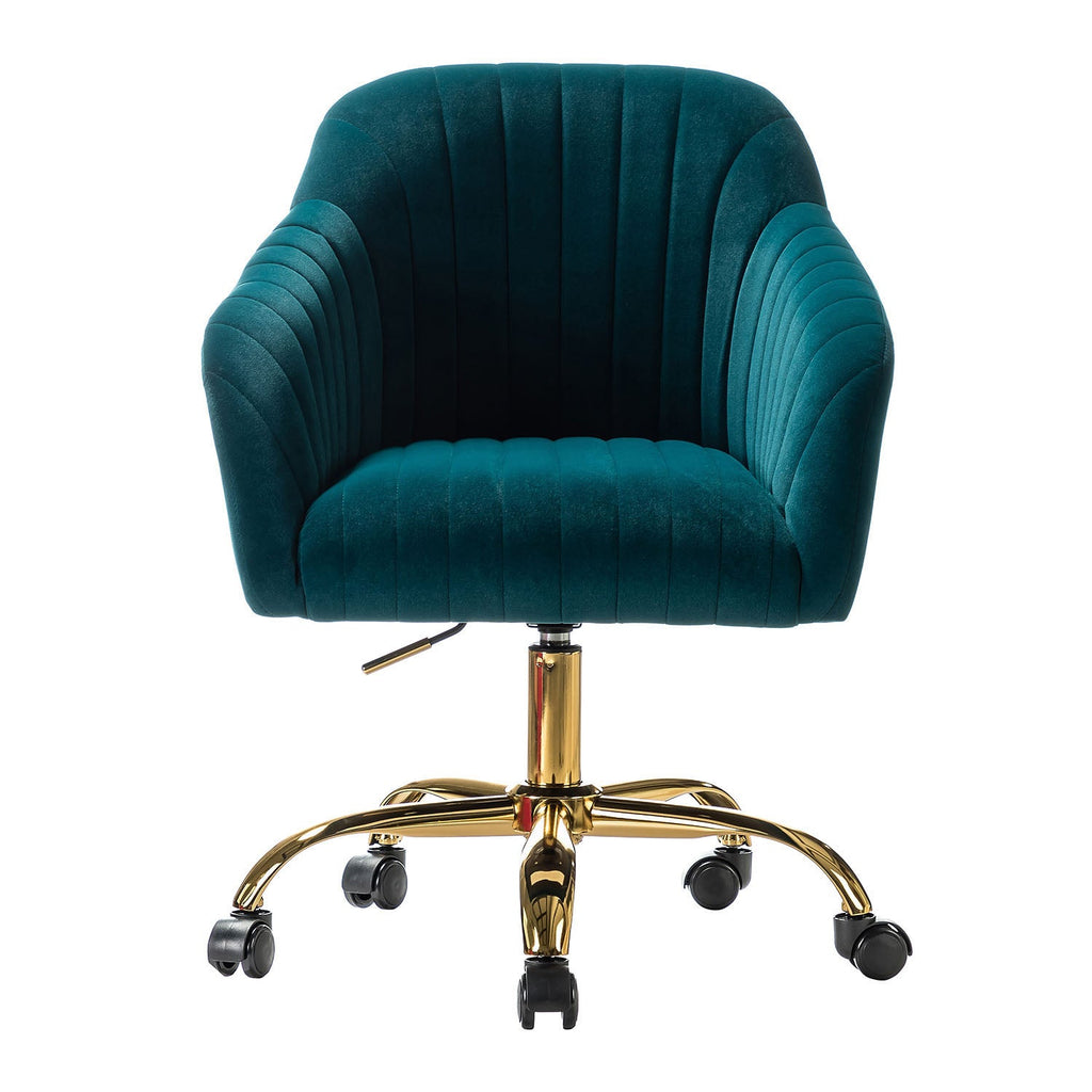 Chaise de bureau en velours matelassé avec dossier ouvert, hauteur réglable et base en métal doré à 5 branches | sarcelle / rose / havane / vert / noir / bleu / violet / gris / ivoire / marine / fuchsia | siège unique