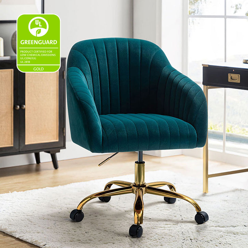 Chaise de bureau en velours matelassé avec dossier ouvert, hauteur réglable et base en métal doré à 5 branches | sarcelle / rose / havane / vert / noir / bleu / violet / gris / ivoire / marine / fuchsia | siège unique